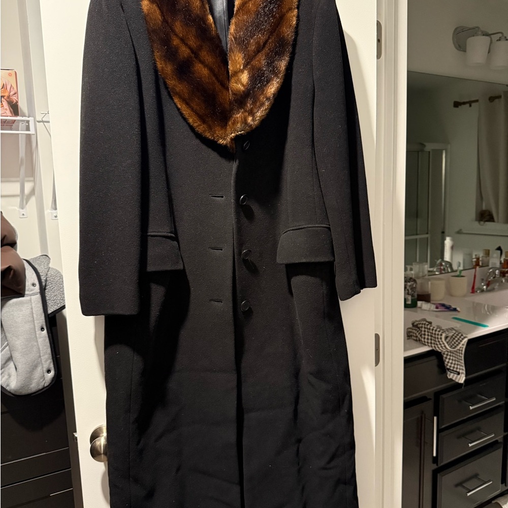 Ralph Lauren Black Trench Coat with Brown Faux Fur Collar